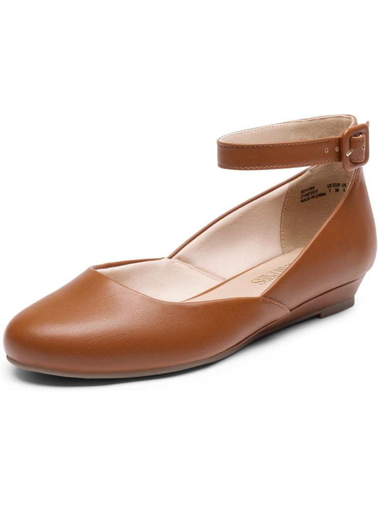 Women's Brown Pu Low Wedge Round Toe Ankle Strap Comfortable Ballet Flats